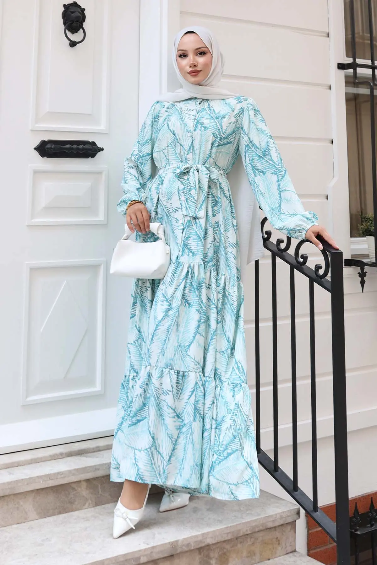 Desenli Tesettür Elbise Yeşil 537-detail