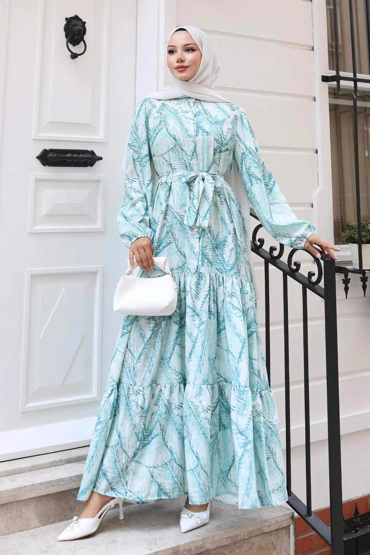 Desenli Tesettür Elbise Yeşil 537-detail