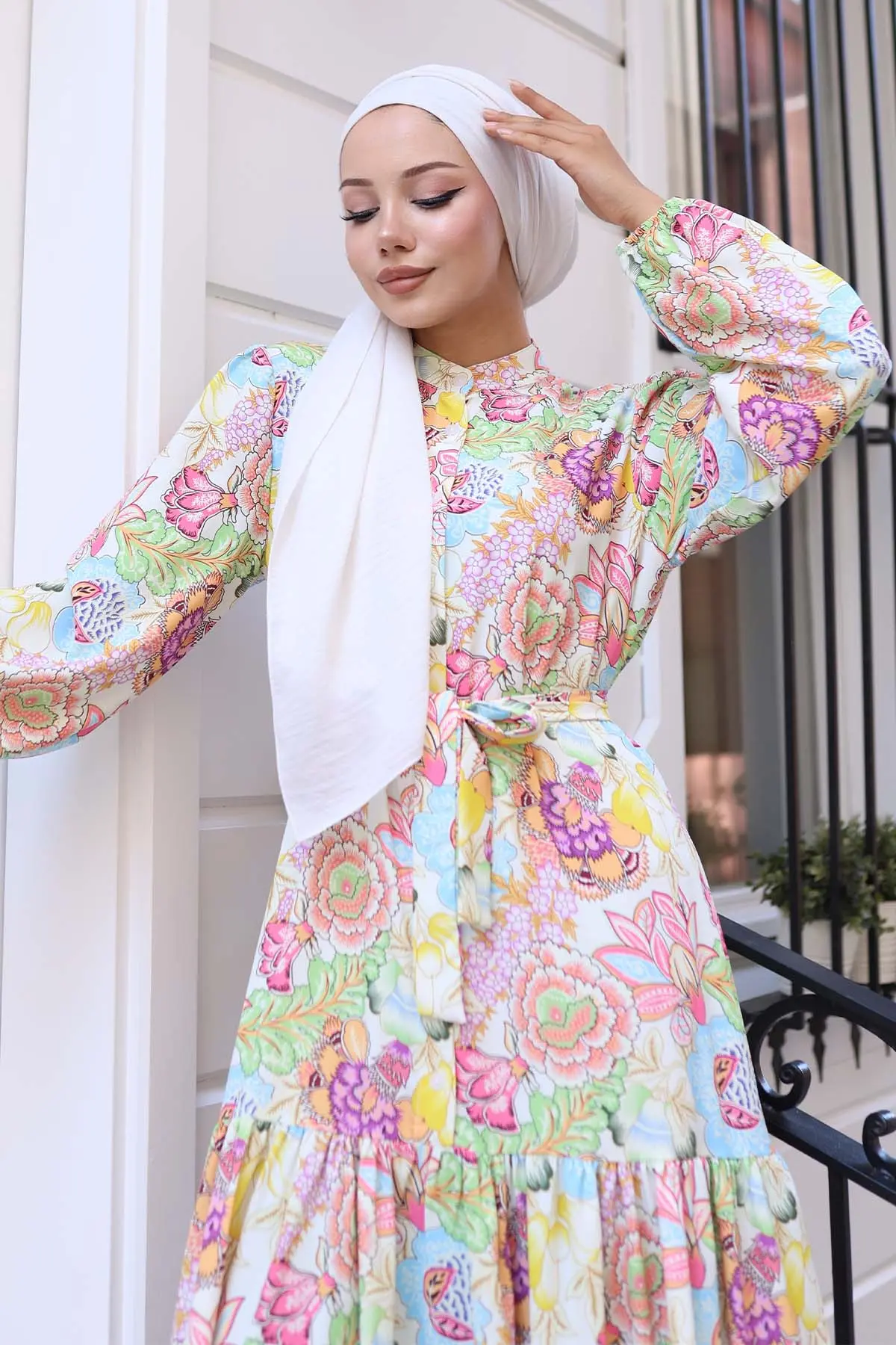 Desenli Tesettür Elbise Yeşil 569-detail