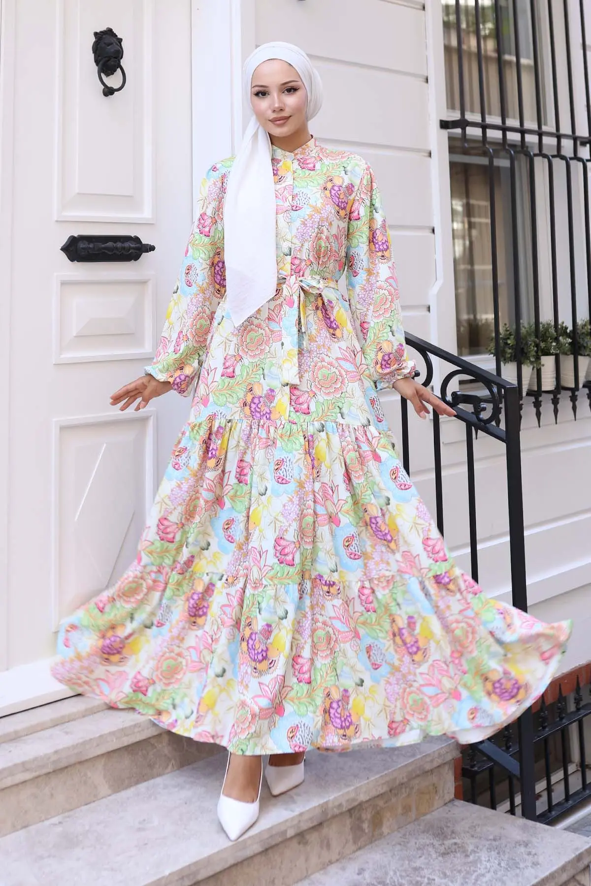 Desenli Tesettür Elbise Yeşil 569-detail