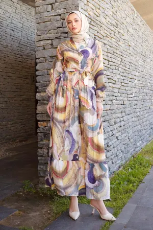 Desenli Tesettür Elbise Haki 4884