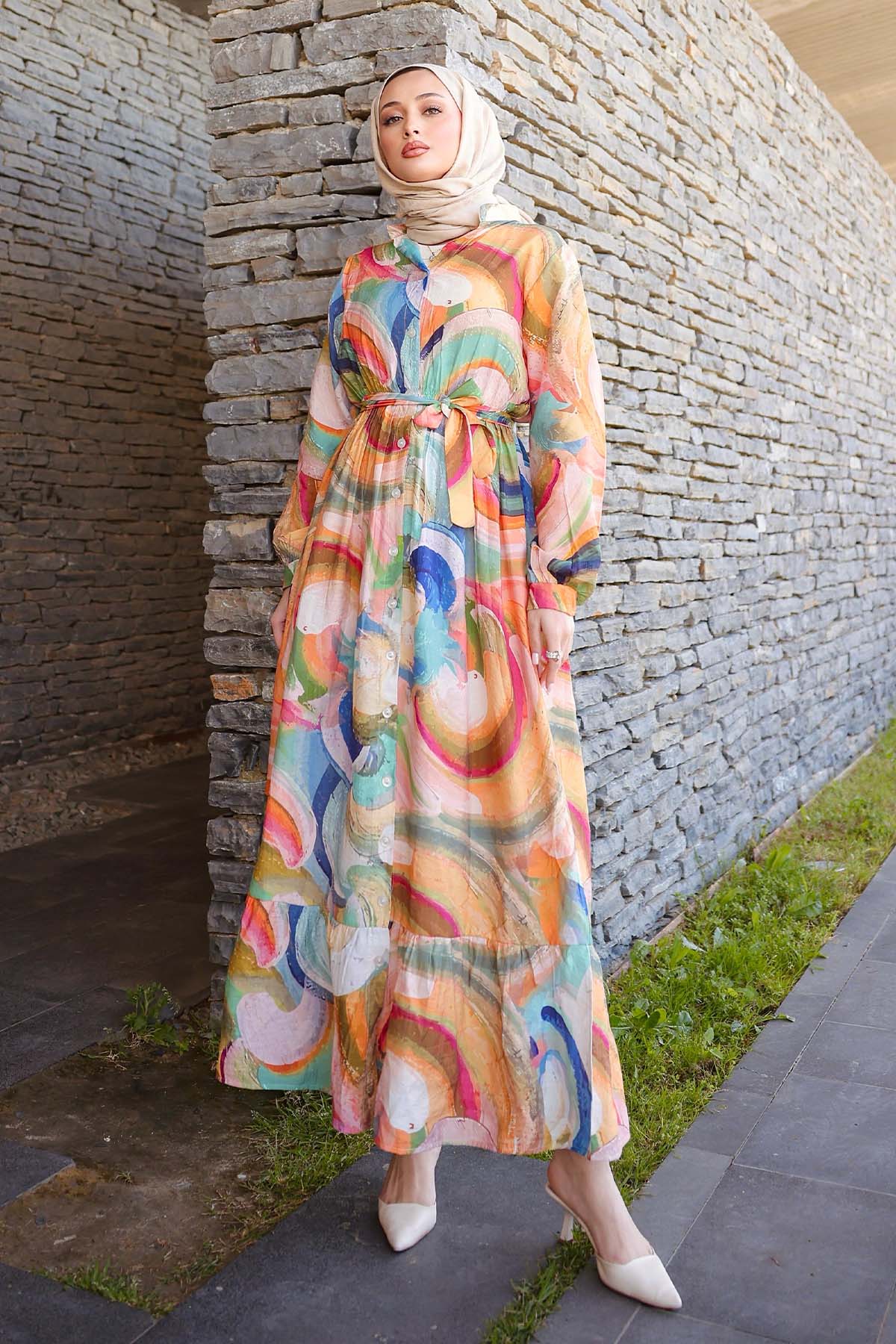 Desenli Tesettür Elbise Hardal 4884