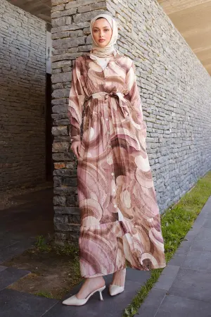 Desenli Tesettür Elbise Kahverengi 4884