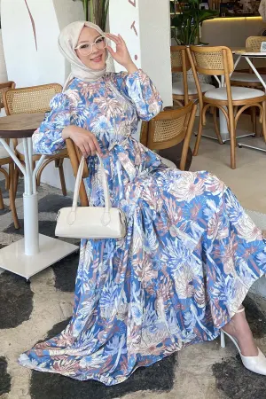Desenli Tesettür Elbise İndigo 500