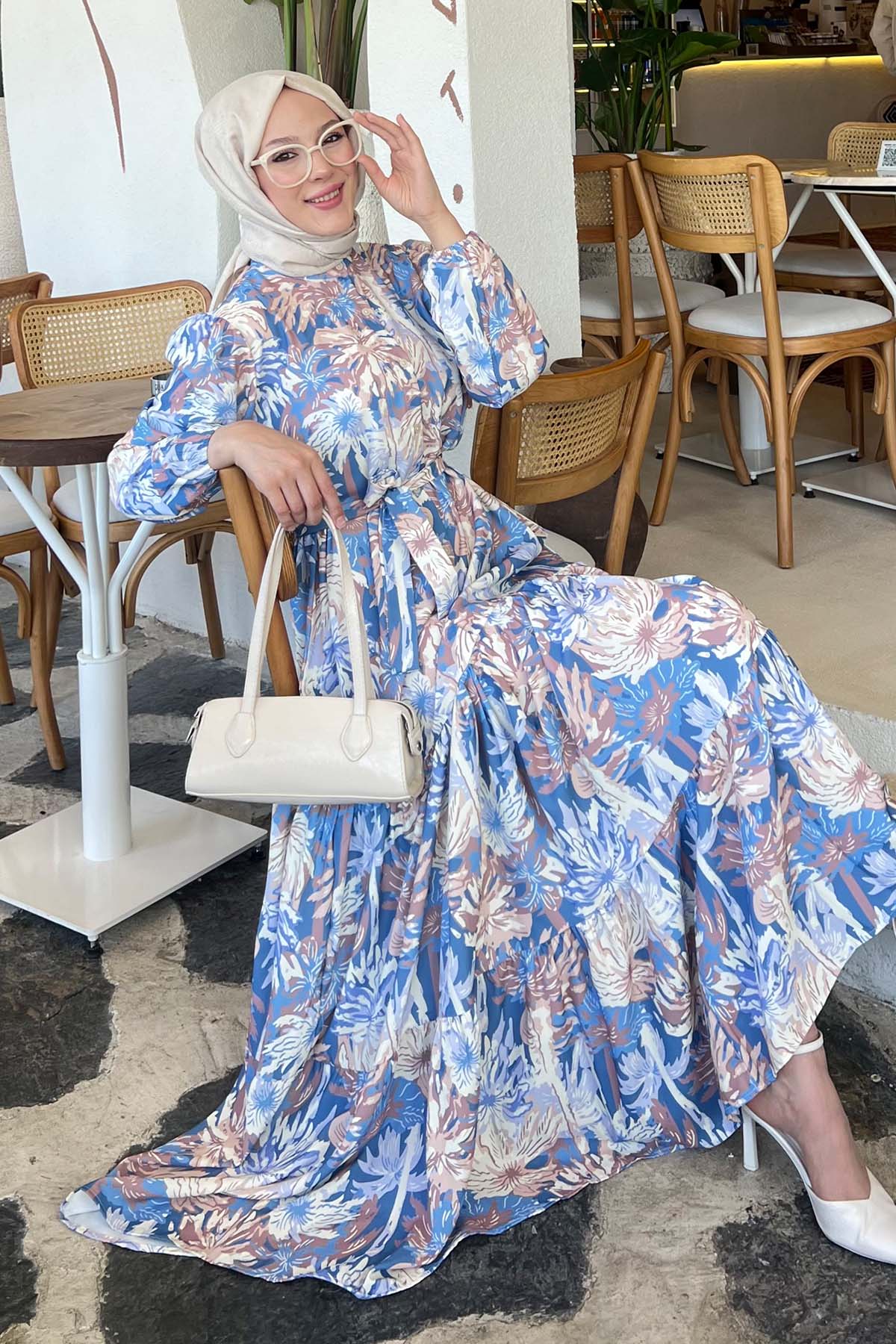 Desenli Tesettür Elbise İndigo 500