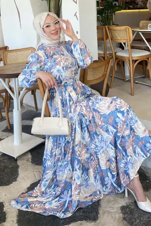 Desenli Tesettür Elbise İndigo 500