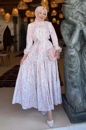 Çiçek Desenli Tesettür Elbise Pudra 502