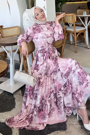 Desenli Tesettür Elbise Bordo 505