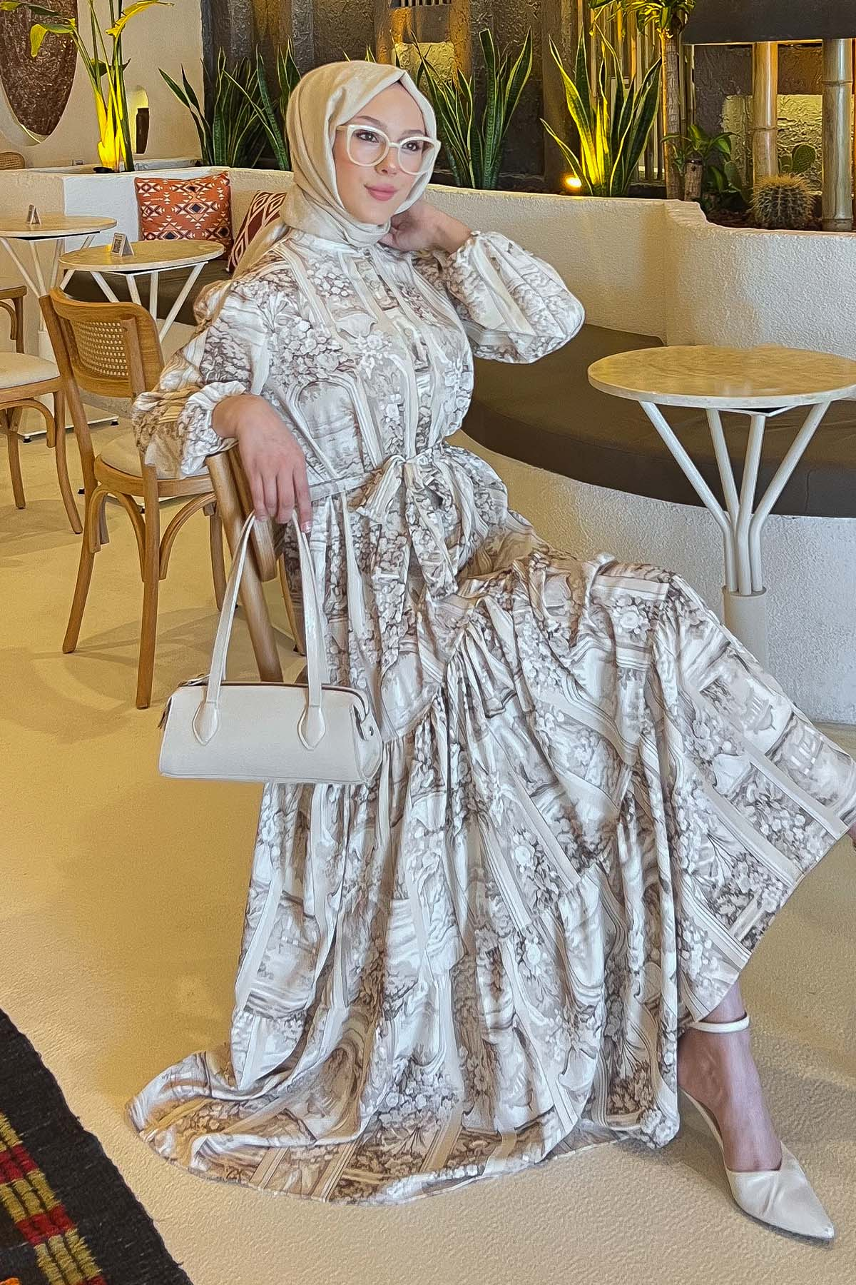 Desenli Tesettür Elbise Bej 507
