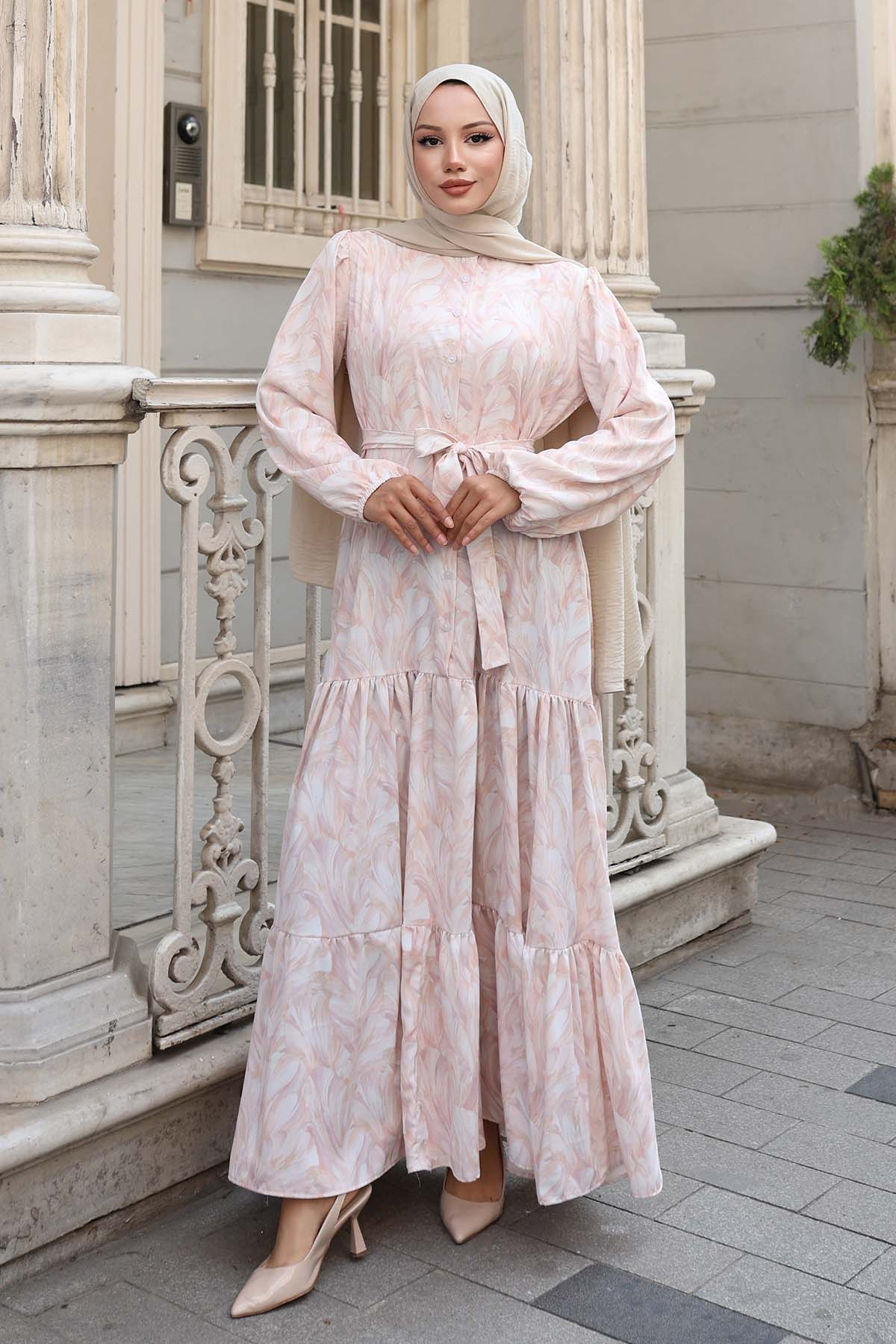 Desenli Tesettür Elbise Pudra 533
