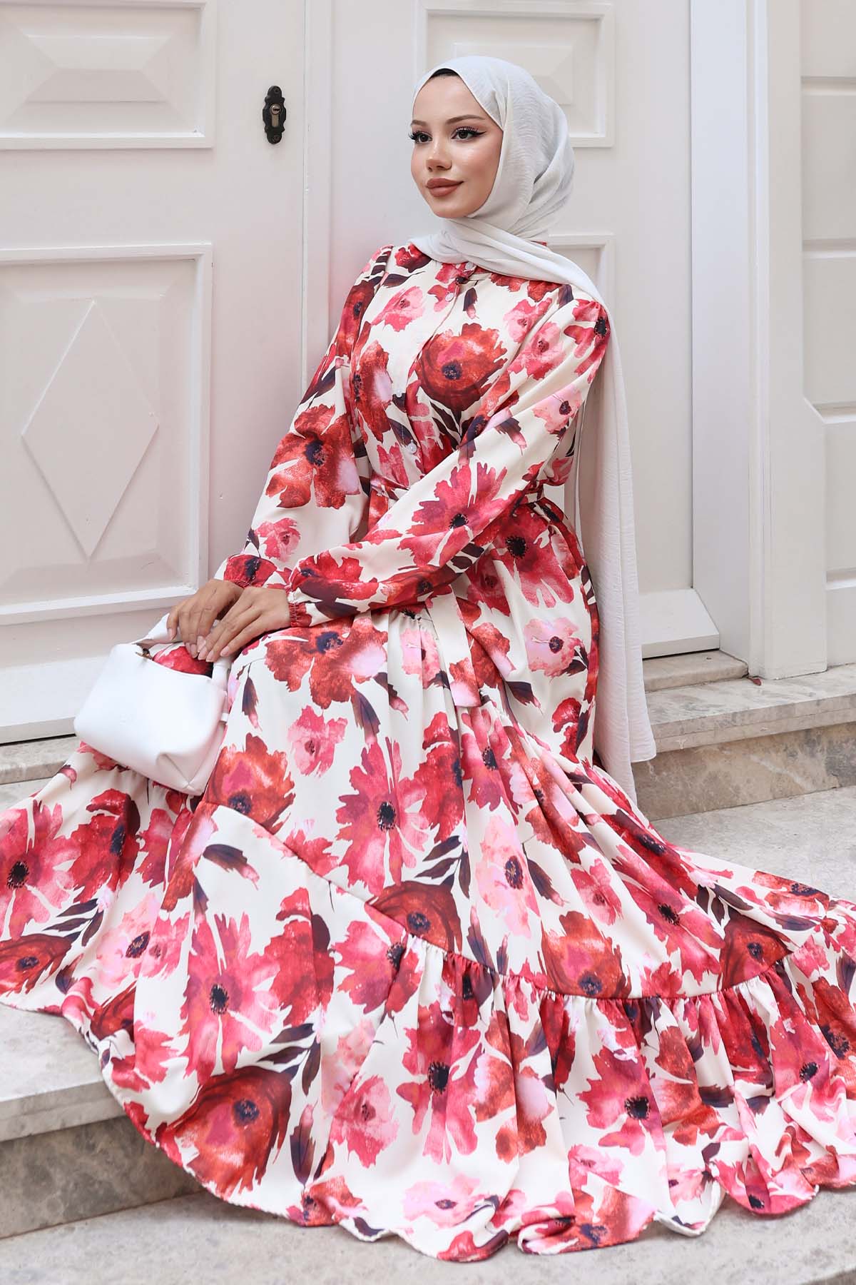 Desenli Tesettür Elbise Kırmızı 524