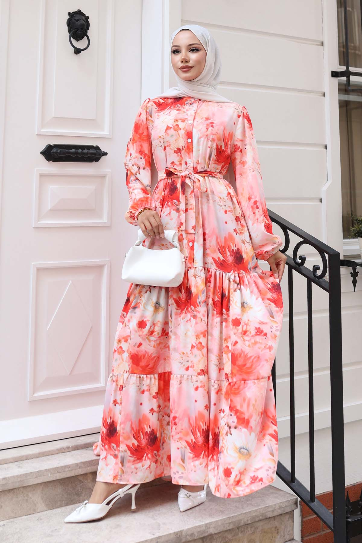 Desenli Tesettür Elbise Somon 526