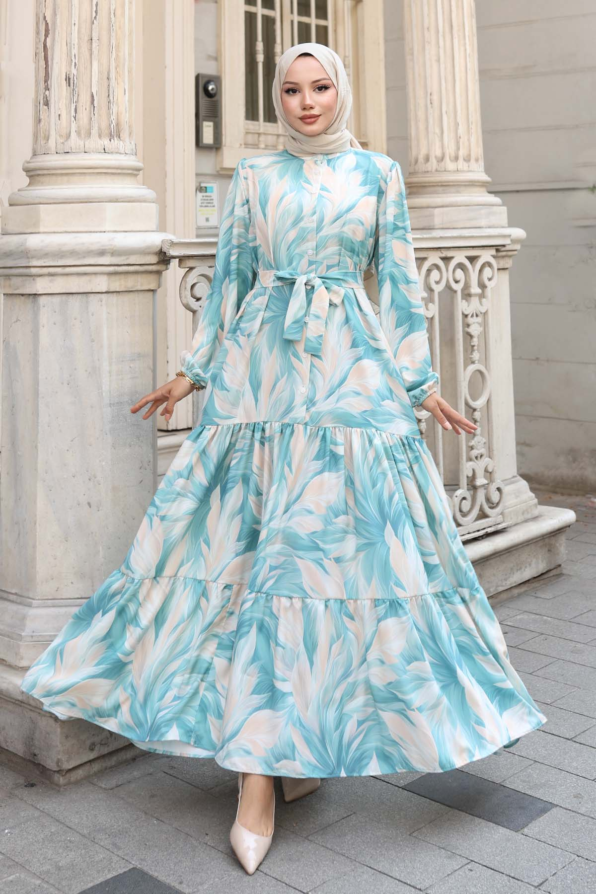 Desenli Tesettür Elbise Çağla 528