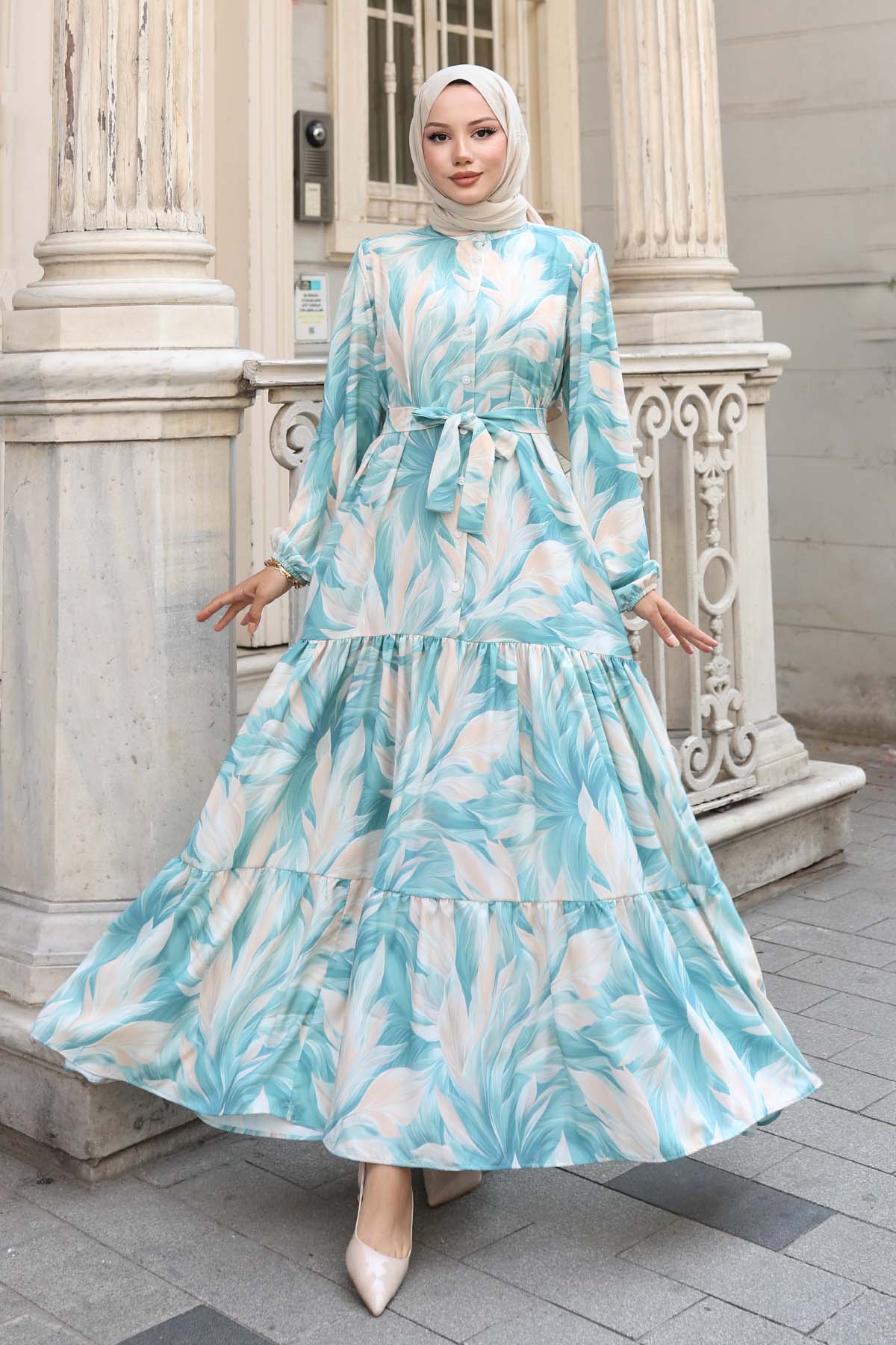 Desenli Tesettür Elbise Çağla 528