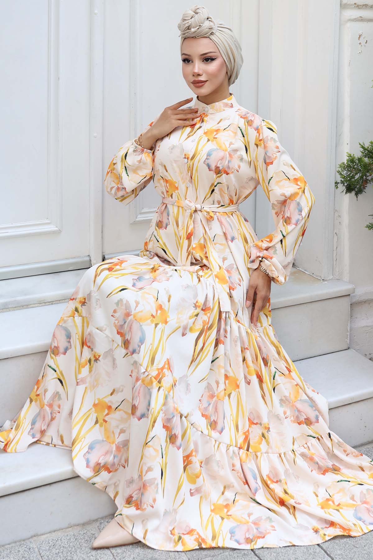 Desenli Tesettür Elbise Sarı 529