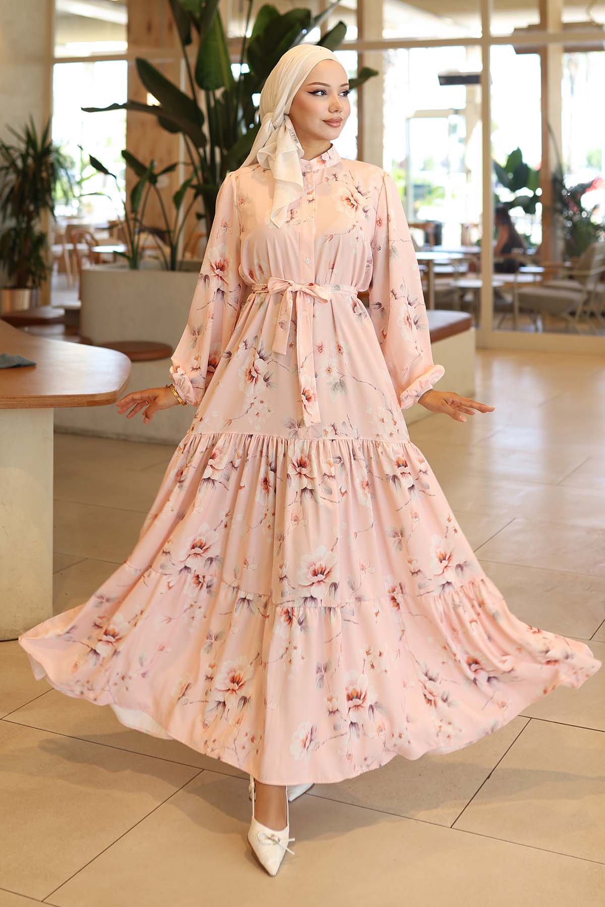 Desenli Tesettür Elbise Pudra 563