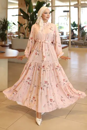 Desenli Tesettür Elbise Pudra 563