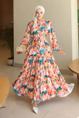 Desenli Tesettür Elbise Oranj 564