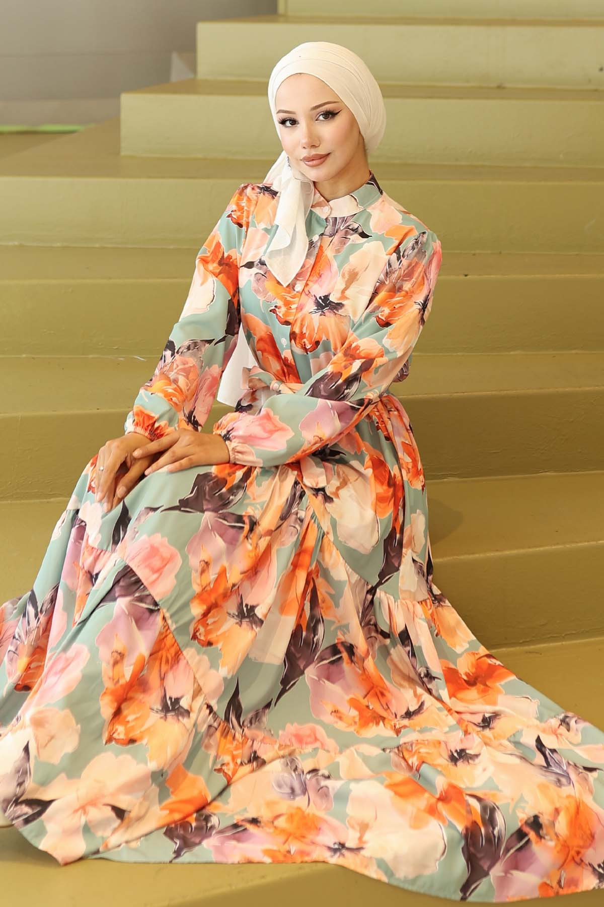 Desenli Tesettür Elbise Oranj 565