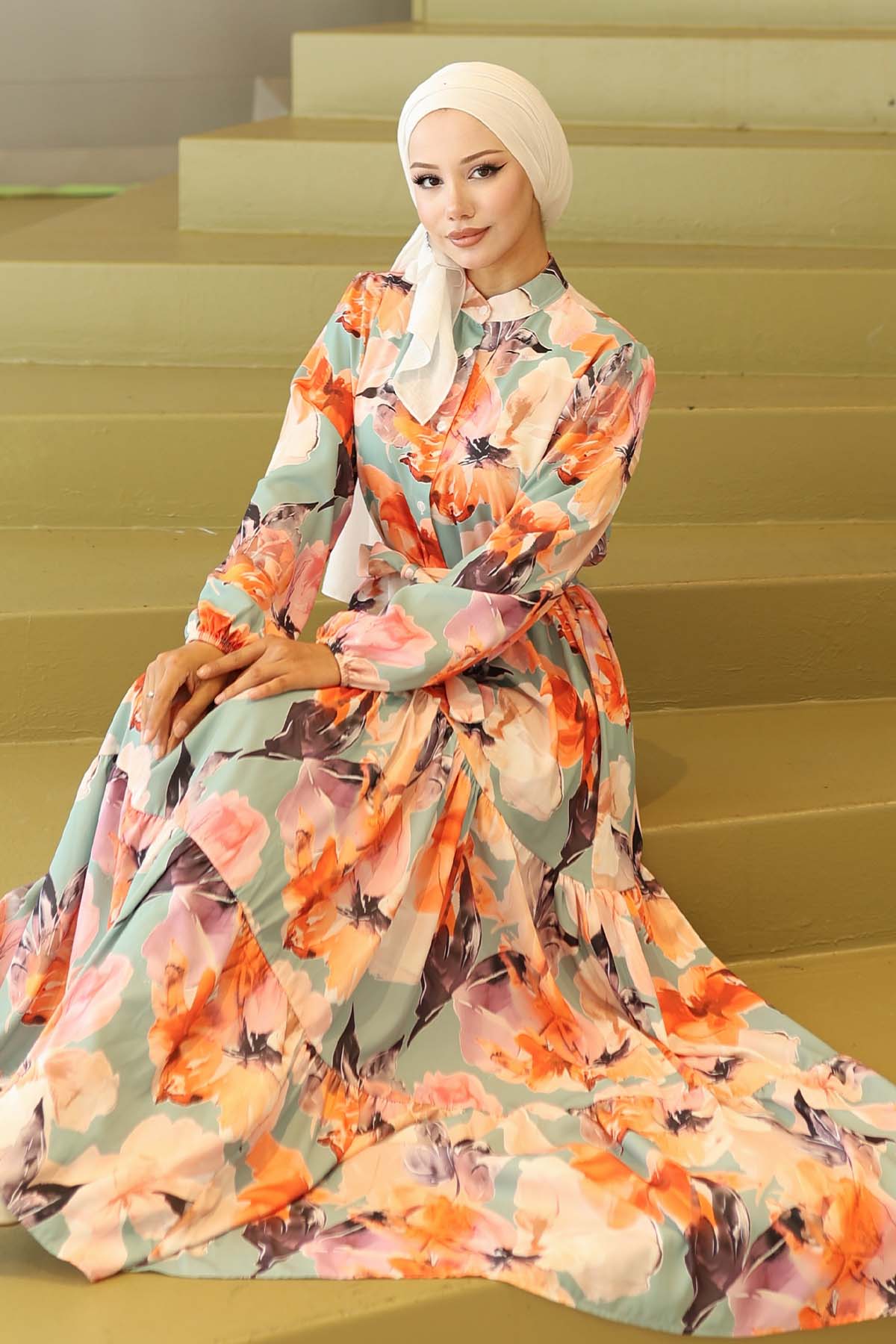 Desenli Tesettür Elbise Oranj 565