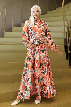 Desenli Tesettür Elbise Oranj 566