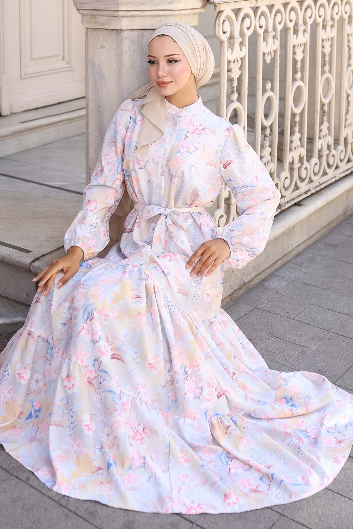 Desenli Tesettür Elbise Taş Rengi 569