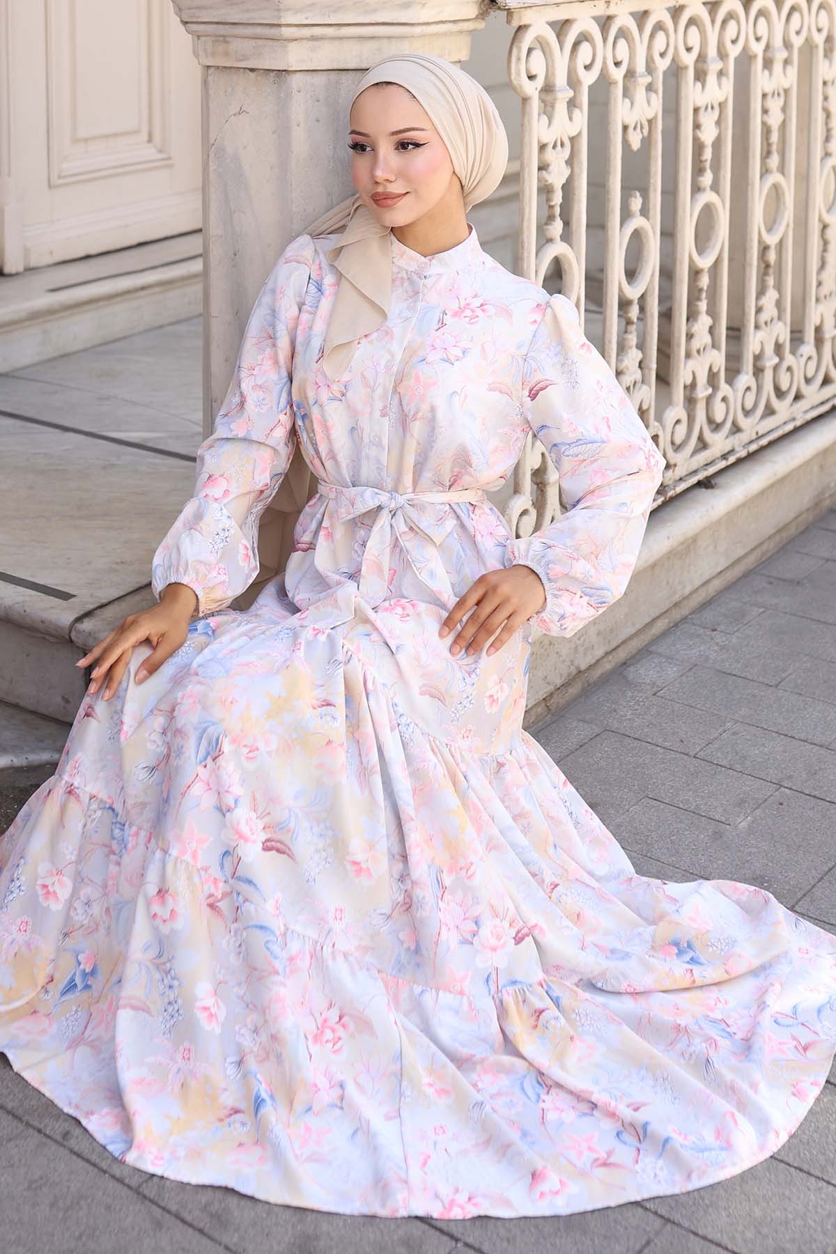 Desenli Tesettür Elbise Taş Rengi 569