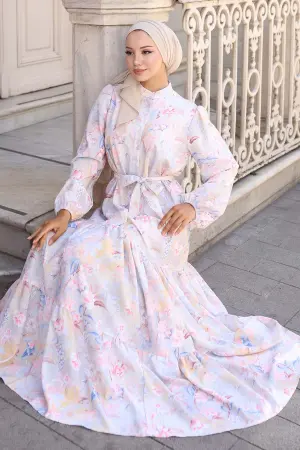 Desenli Tesettür Elbise Taş Rengi 569