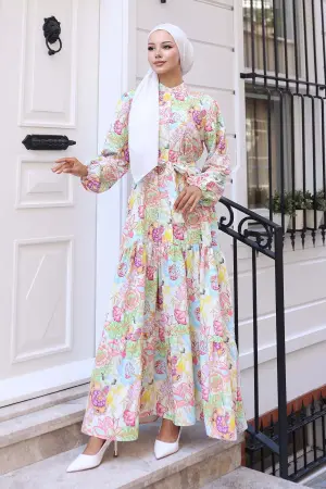 Desenli Tesettür Elbise Yeşil 569