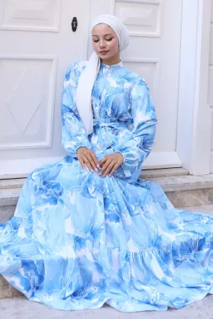 Desenli Tesettür Elbise Mavi 570