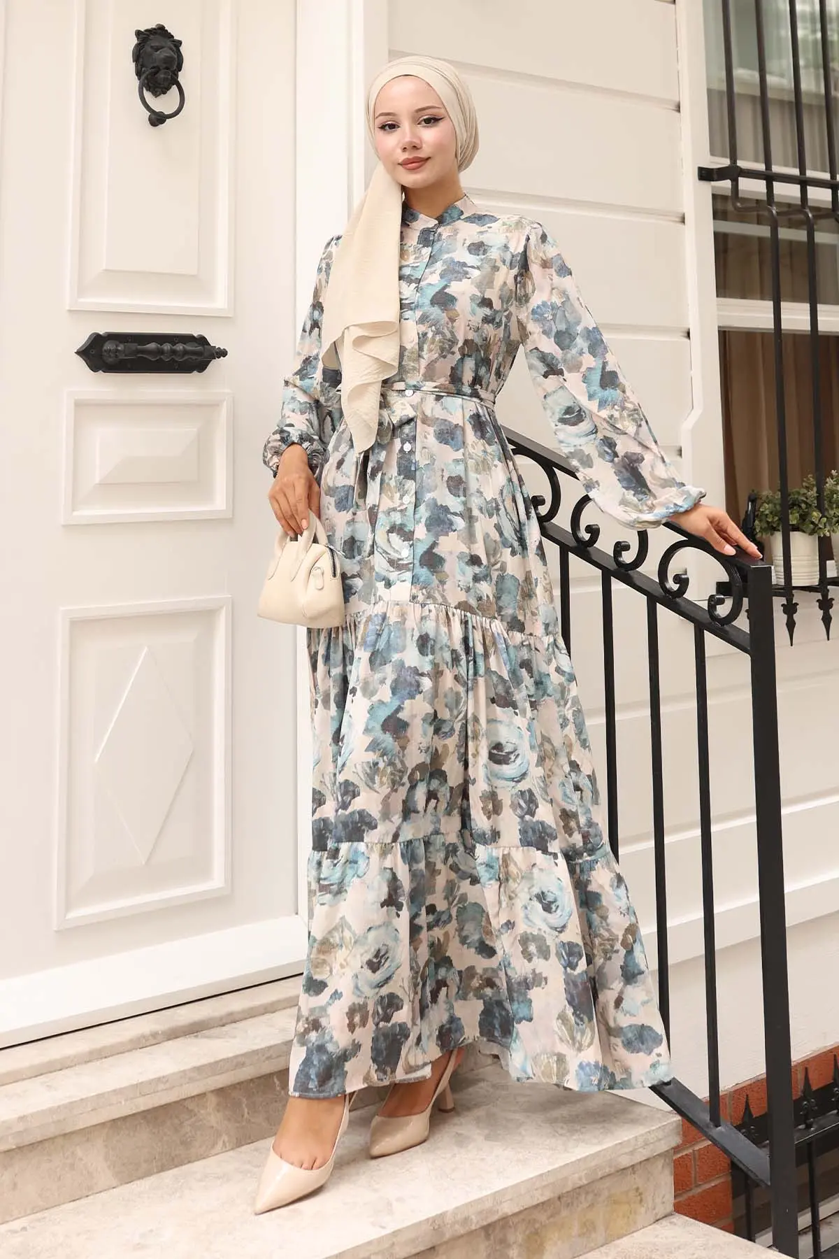 Desenli Tesettür Elbise-detail