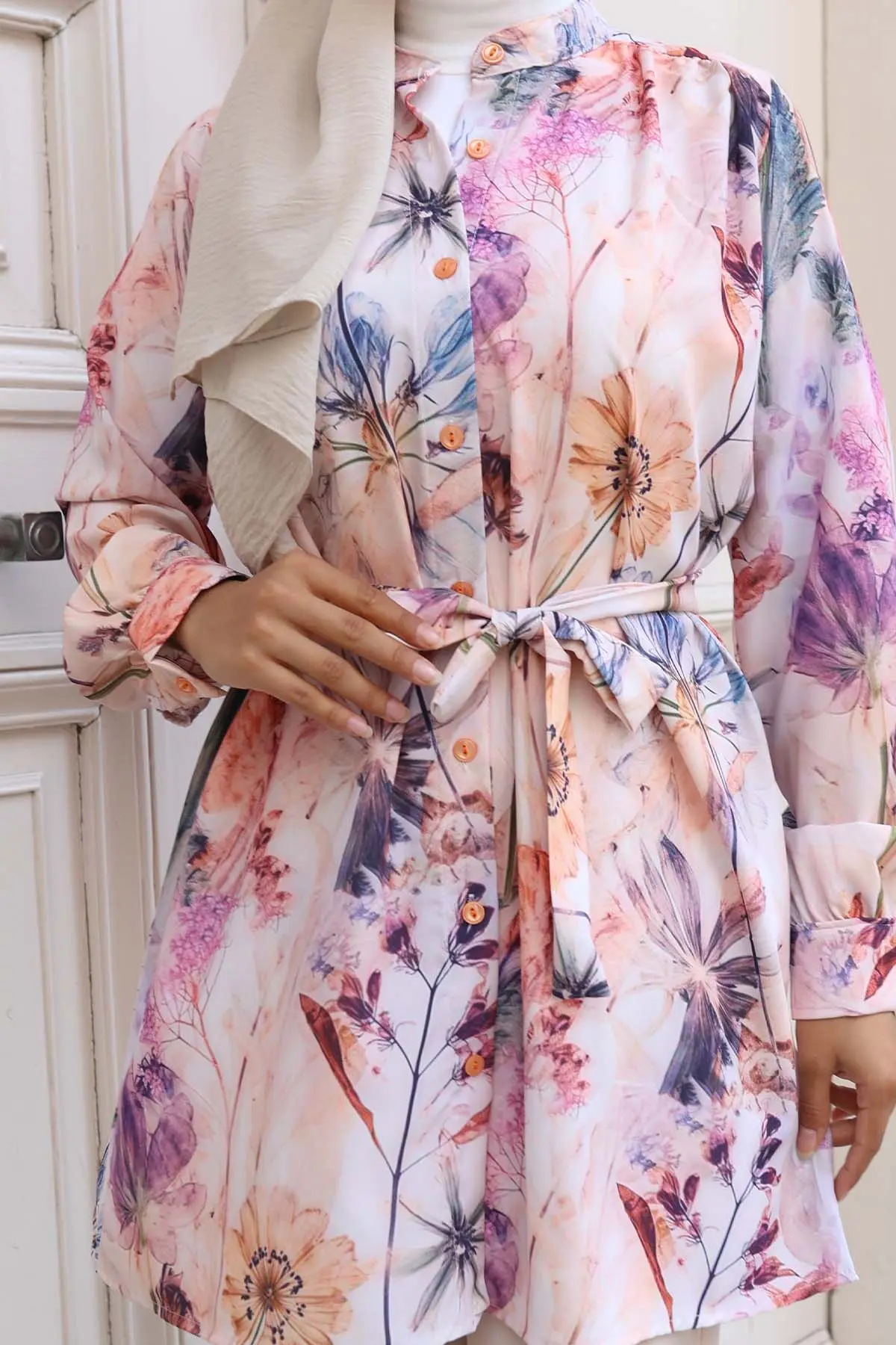 Desenli Tesettür Gömlek Bej 704-detail