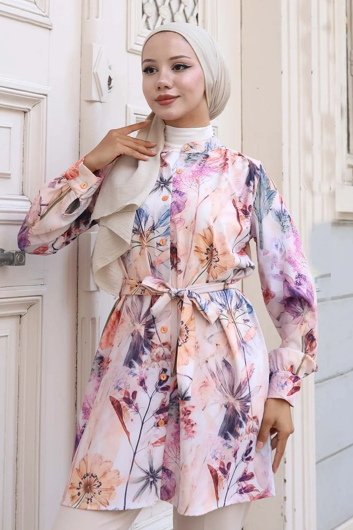 Desenli Tesettür Gömlek Bej 704-detail