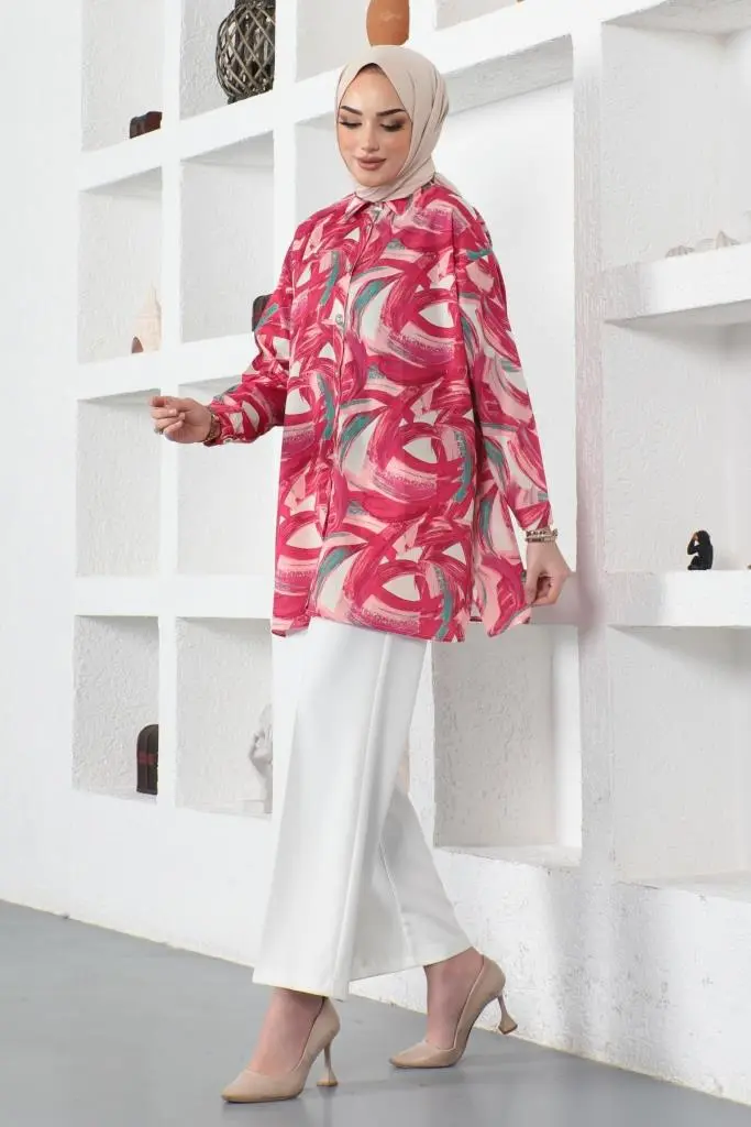 Desenli Tesettür Gömlek Fuşya 8880-detail