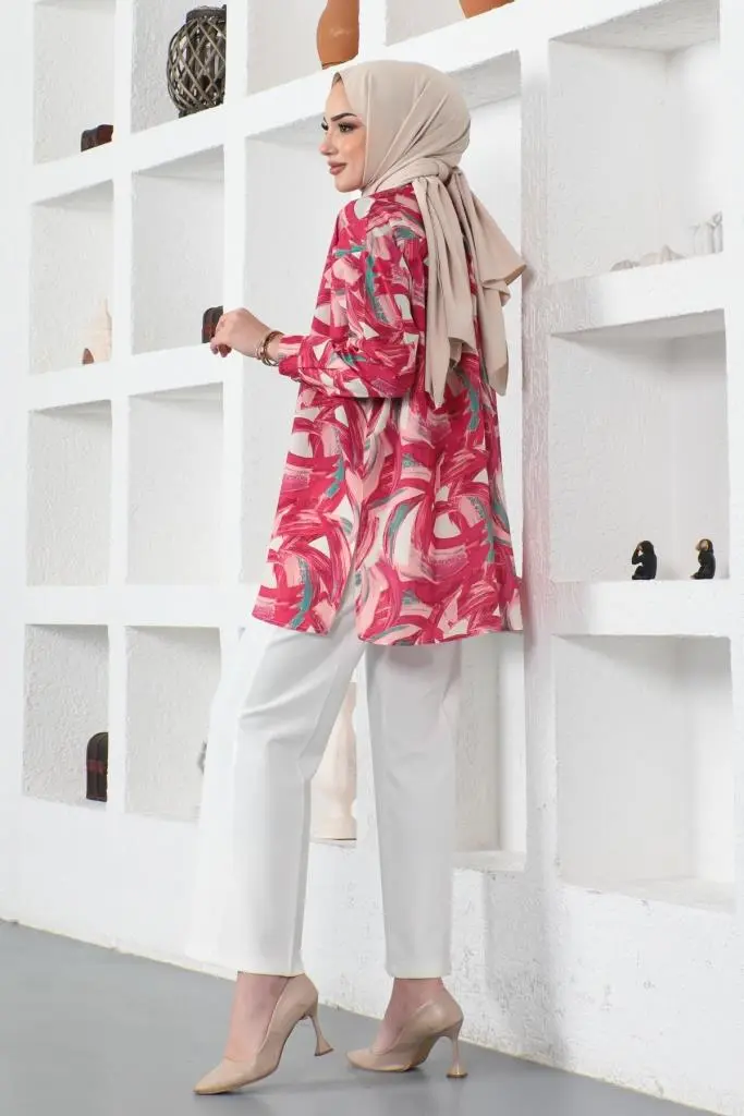 Desenli Tesettür Gömlek Fuşya 8880-detail