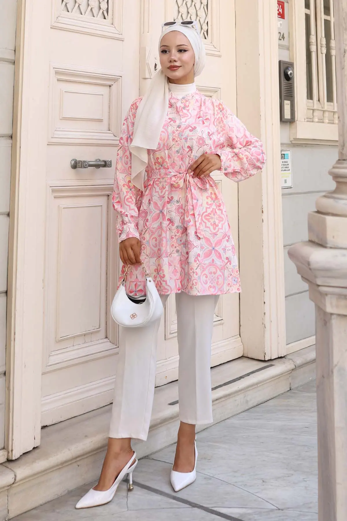 Desenli Tesettür Gömlek Pembe 704-detail