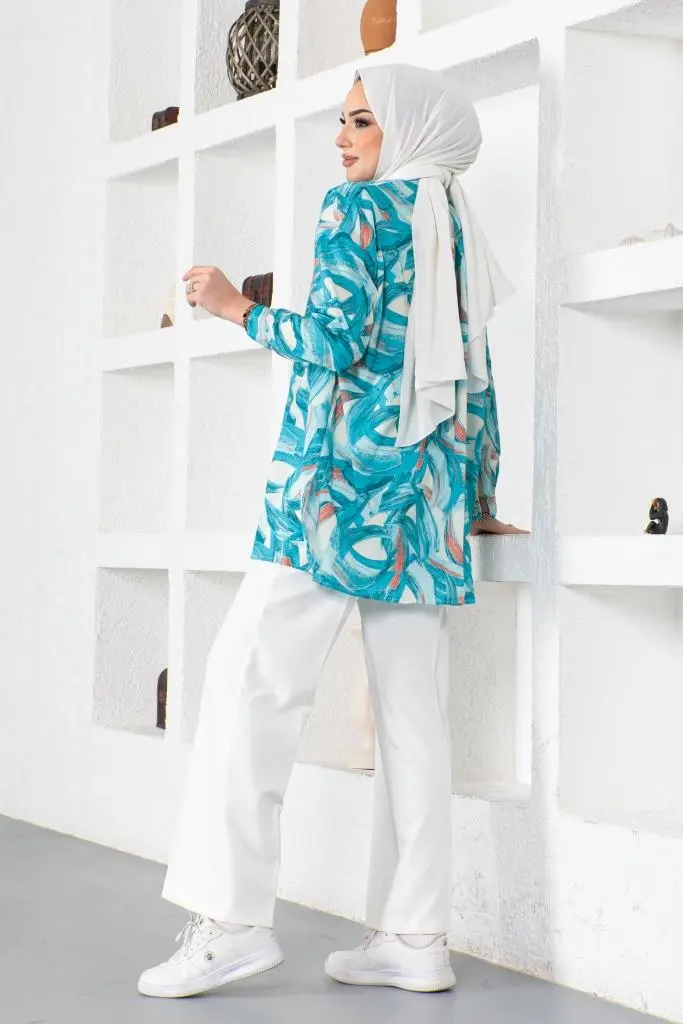 Desenli Tesettür Gömlek Turkuaz 8880-detail