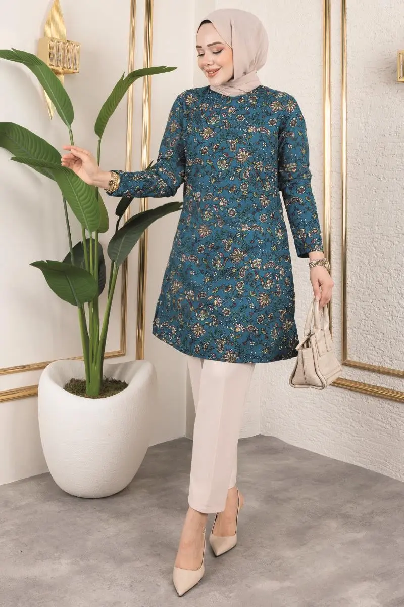 Desenli Tesettür Tunik Petrol-detail