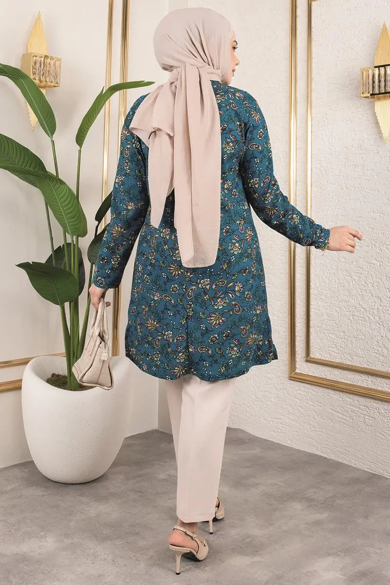 Desenli Tesettür Tunik Petrol-detail