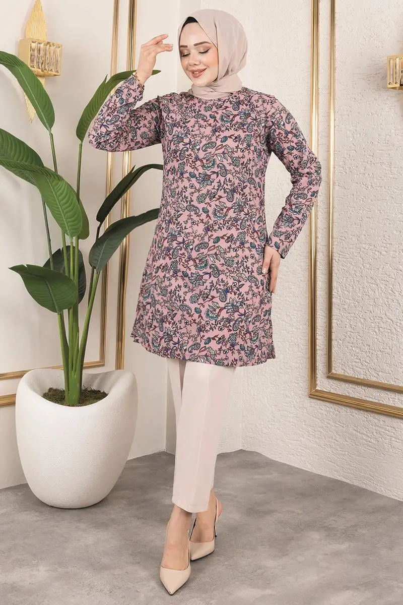 Desenli Tesettür Tunik Pudra-detail