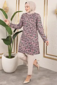 Desenli Tesettür Tunik Pudra