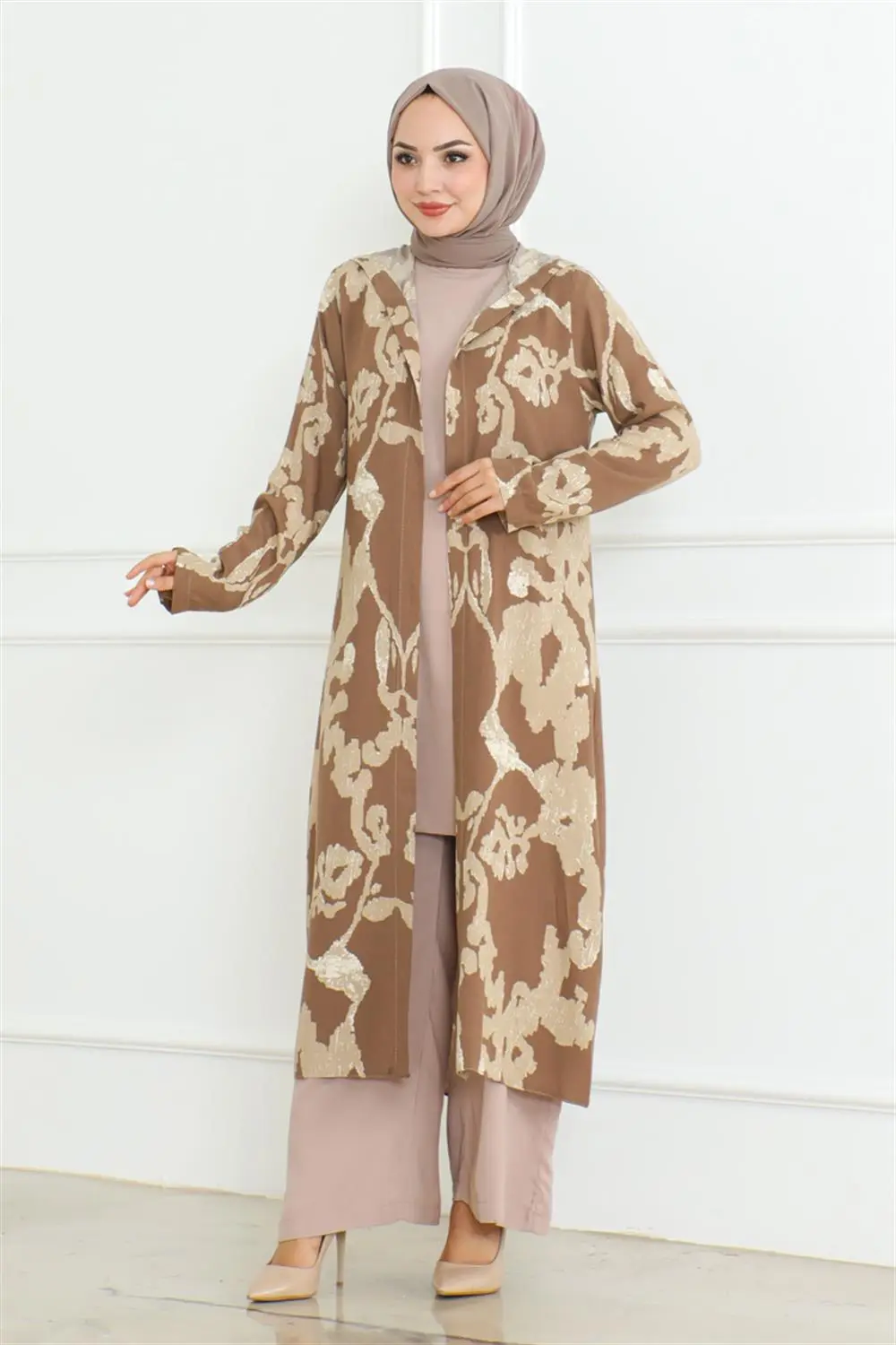 Desenli Üçlü Takım Koyu Vizon-detail