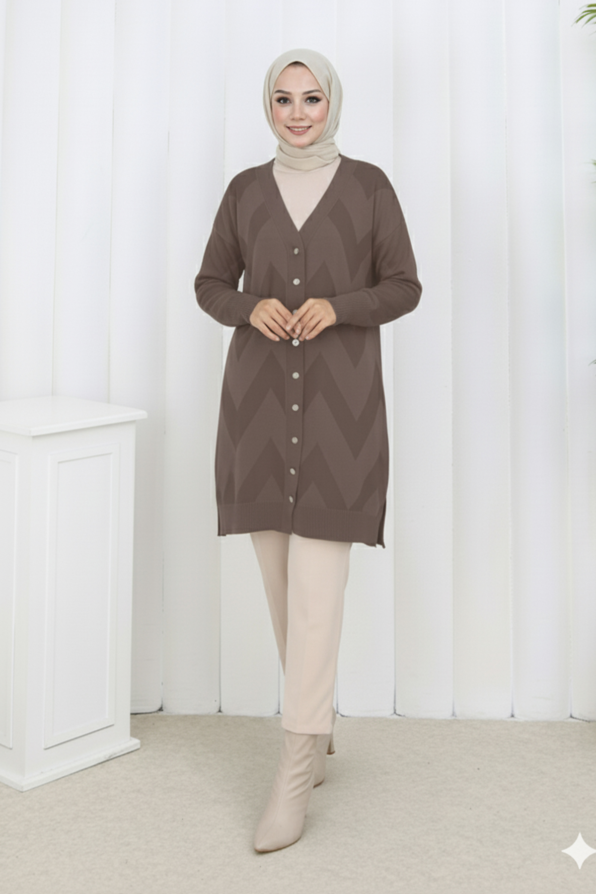 Patterned Long Mercerized Cardigan