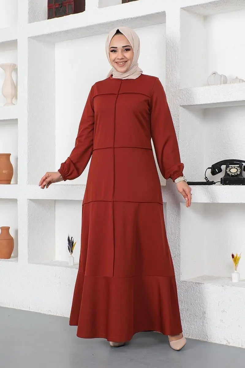 Dikiş Detaylı Elbise Kiremit-detail