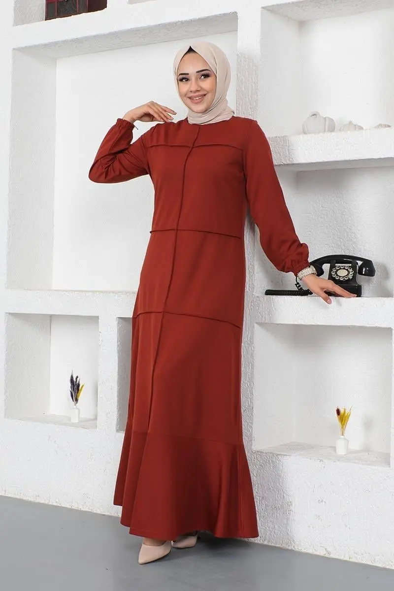 Dikiş Detaylı Elbise Kiremit-detail