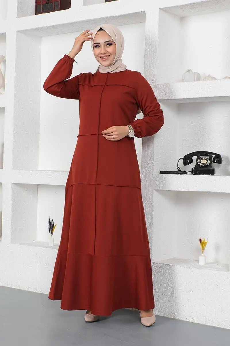 Dikiş Detaylı Elbise Kiremit-detail