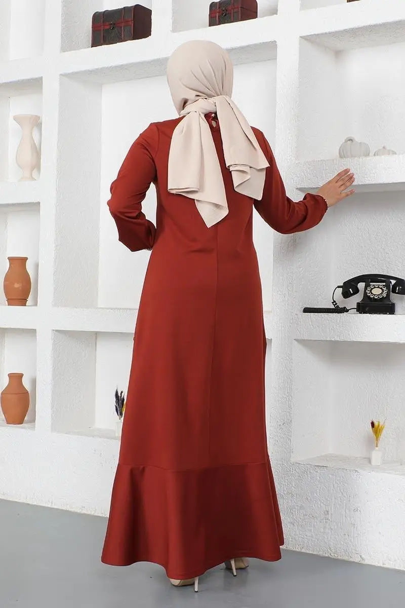 Dikiş Detaylı Elbise Kiremit-detail