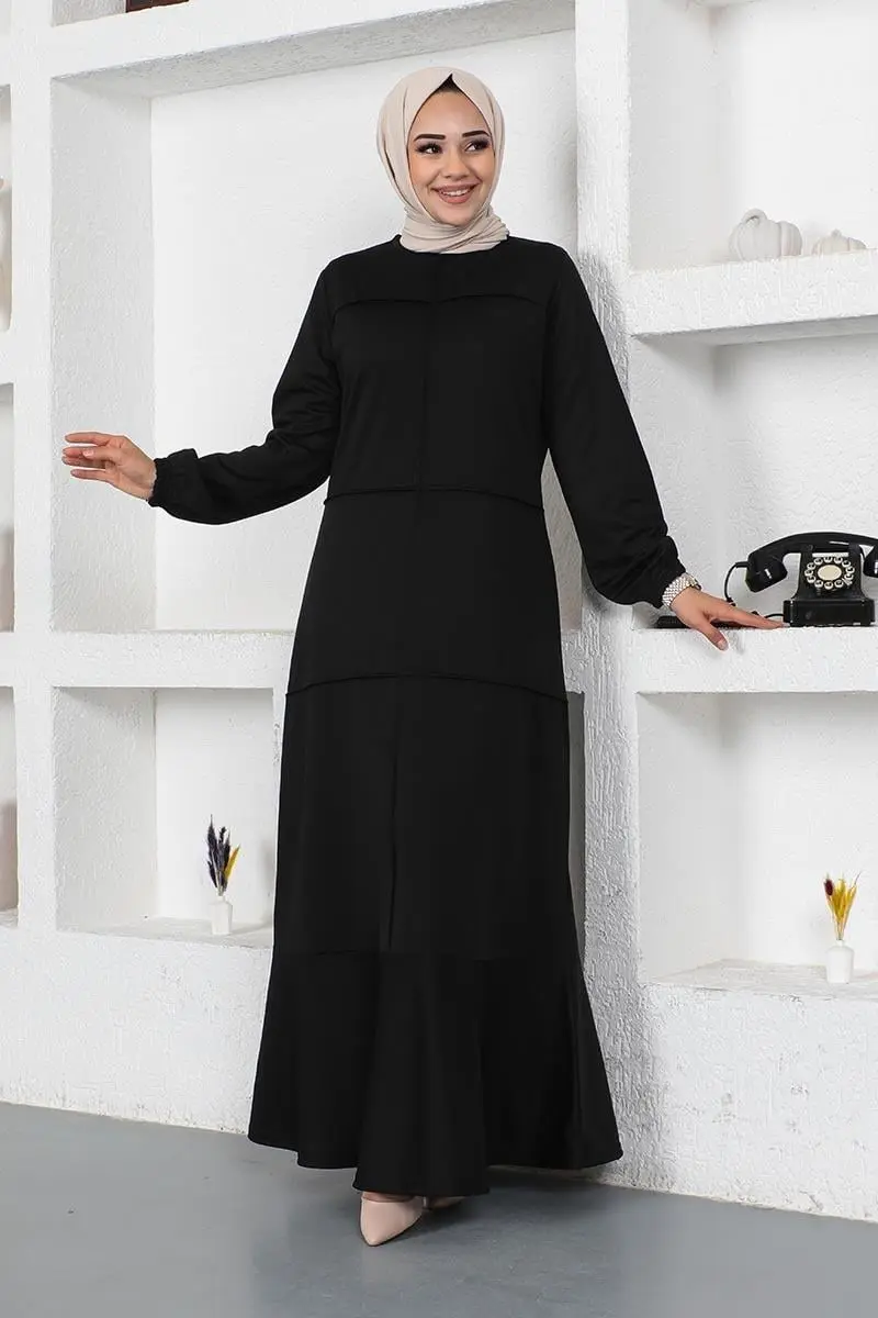 Dikiş Detaylı Elbise Siyah-detail