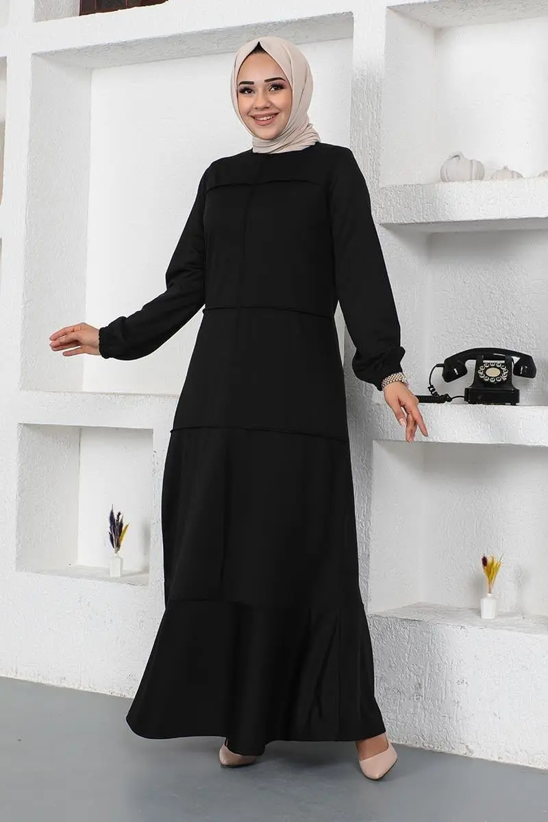 Dikiş Detaylı Elbise Siyah-detail