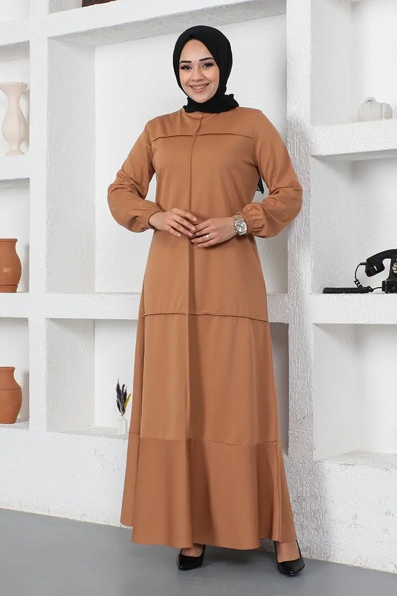 Dikiş Detaylı Elbise Taba-detail